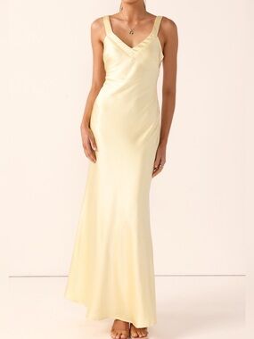 Butter Yellow Satin Slip Maxi Dress V Neck Backless Wedding Guest Vacation L